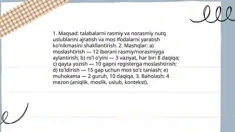 Fikrni turli nutqiy sharoit va vaziyatga mos ifodalash mashqlarini ishlab chiqish 3