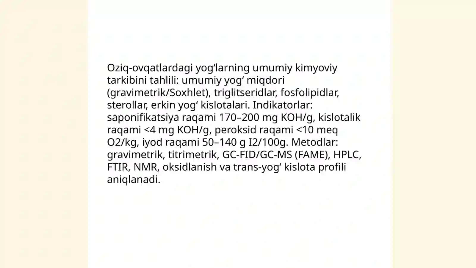 Oziq-ovqat mahsulotlari tarkibidagi yog‘larni va trans yog‘ kislotalarni tahlili 3