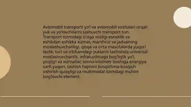 Avtomobil transporti, uning o’ziga xos xususiyatlari va asosiy ko’rsatkichlari 3