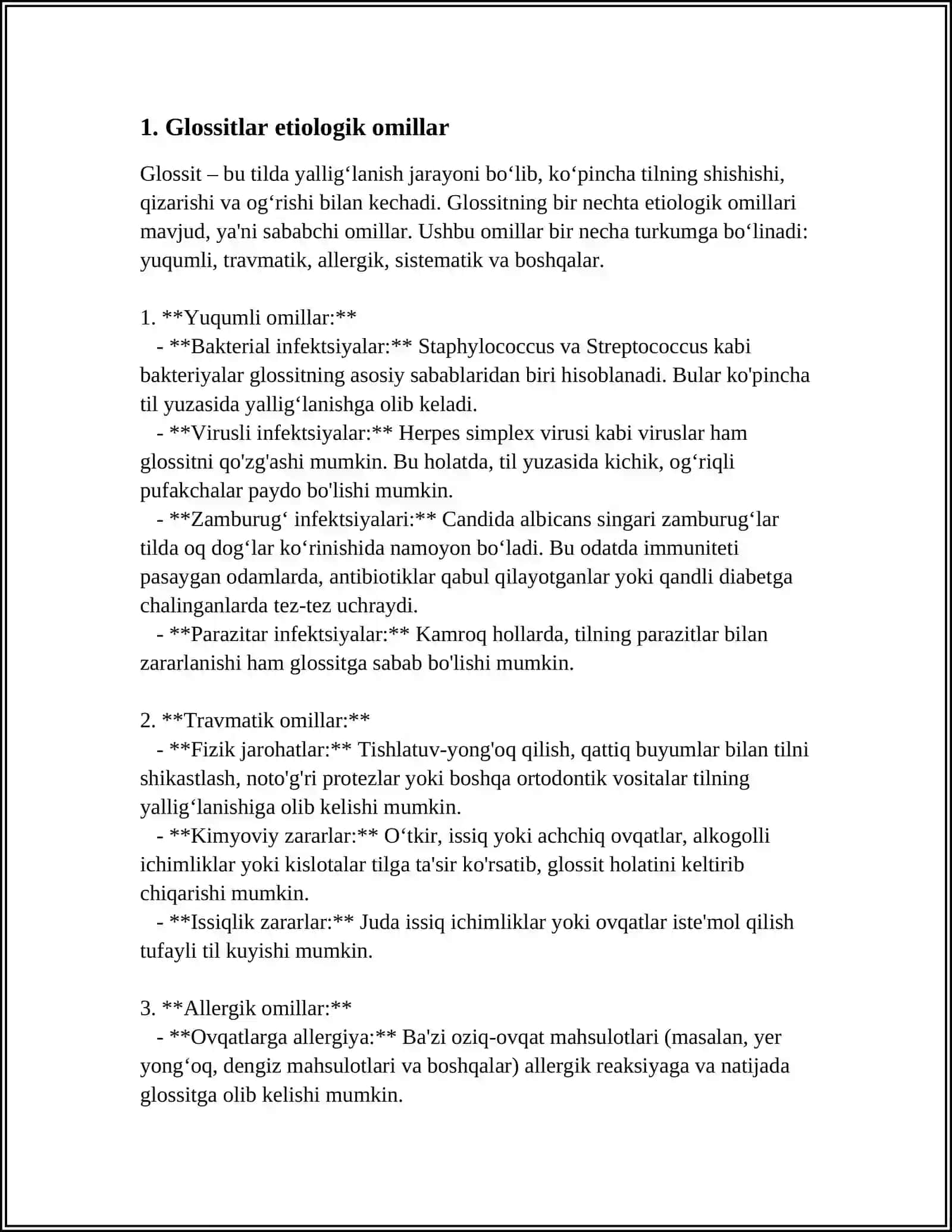 GLOSITLAR. ETIOLOGIK OMILLAR. PATOGENEZ. KLINIKA. QIYOSIY TASHXISLASH. DAVOLASH 3