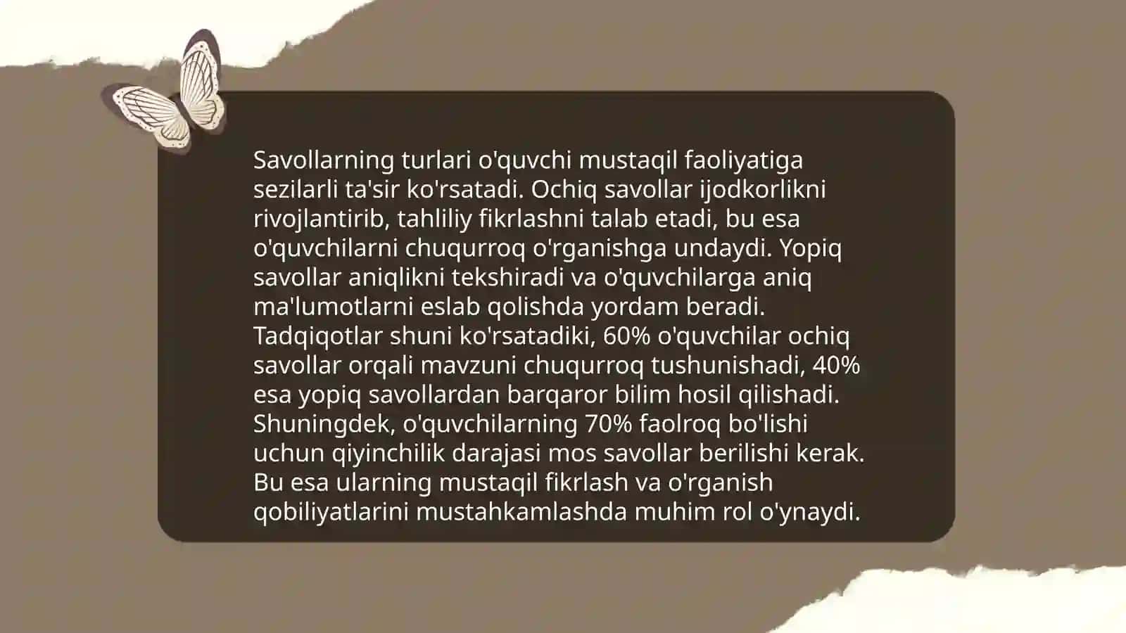 Savol va topshiriqlarning o'quvchi mustaqil faoliyatini tashkil etishdagi va ijodiy tafakkurini o'stirishdagi o'rni 3