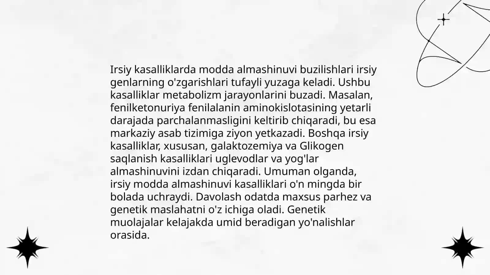 Irsiy kasalliklari mavjud bemorlarda modda almashinuvi xususiyatlari irsiy kasalliklari mavjud boʻlgan bemorlarda asab tizimining xususiyatlari 3