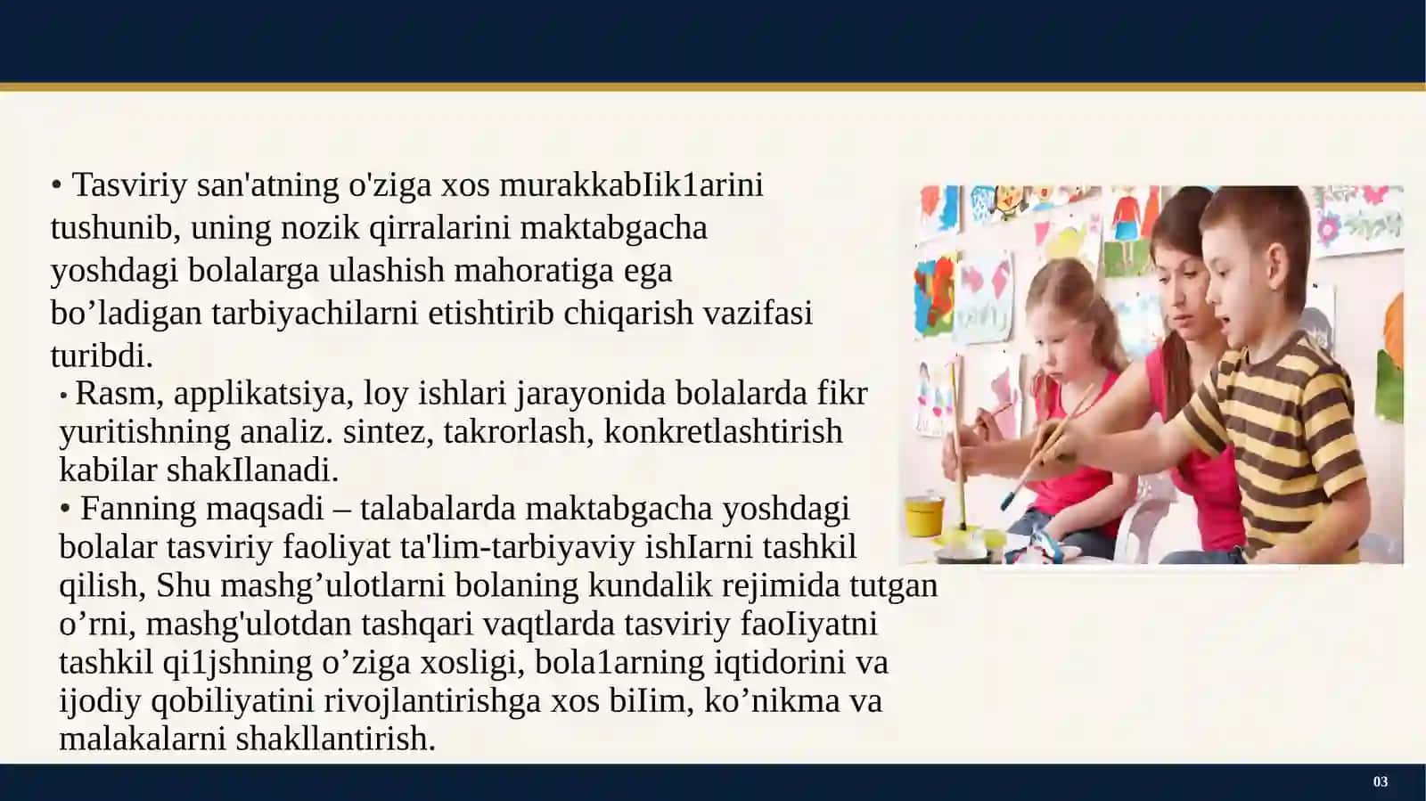TASVIRIY FAOLIYATGA O'RGATISH METODIKASINING NAZARIY ASOSLARI. МАKТАВGАСНА YOSHDAGI BOLALARNI TASVIRIY QOBILIYATI VA IJODKORLIGINI RIVOLLANTIRISH 3