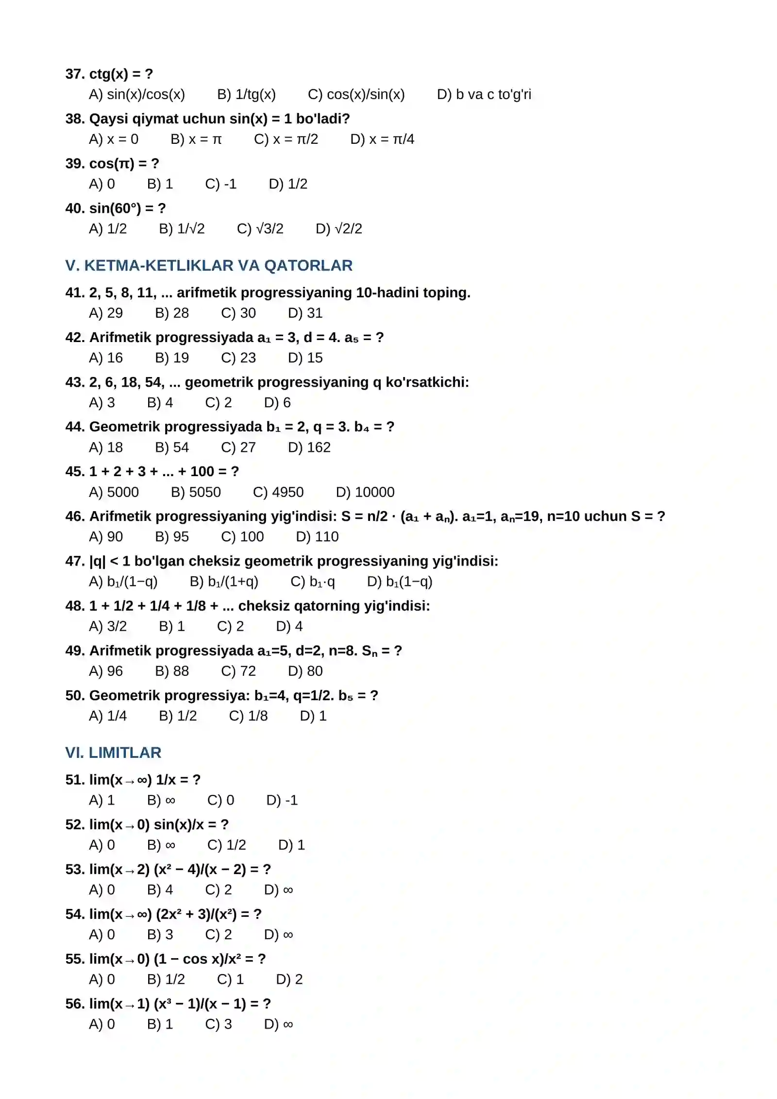 11-SINF MATEMATIKA FANIDAN TEST VARIANTLARI (100 ta savol) 3