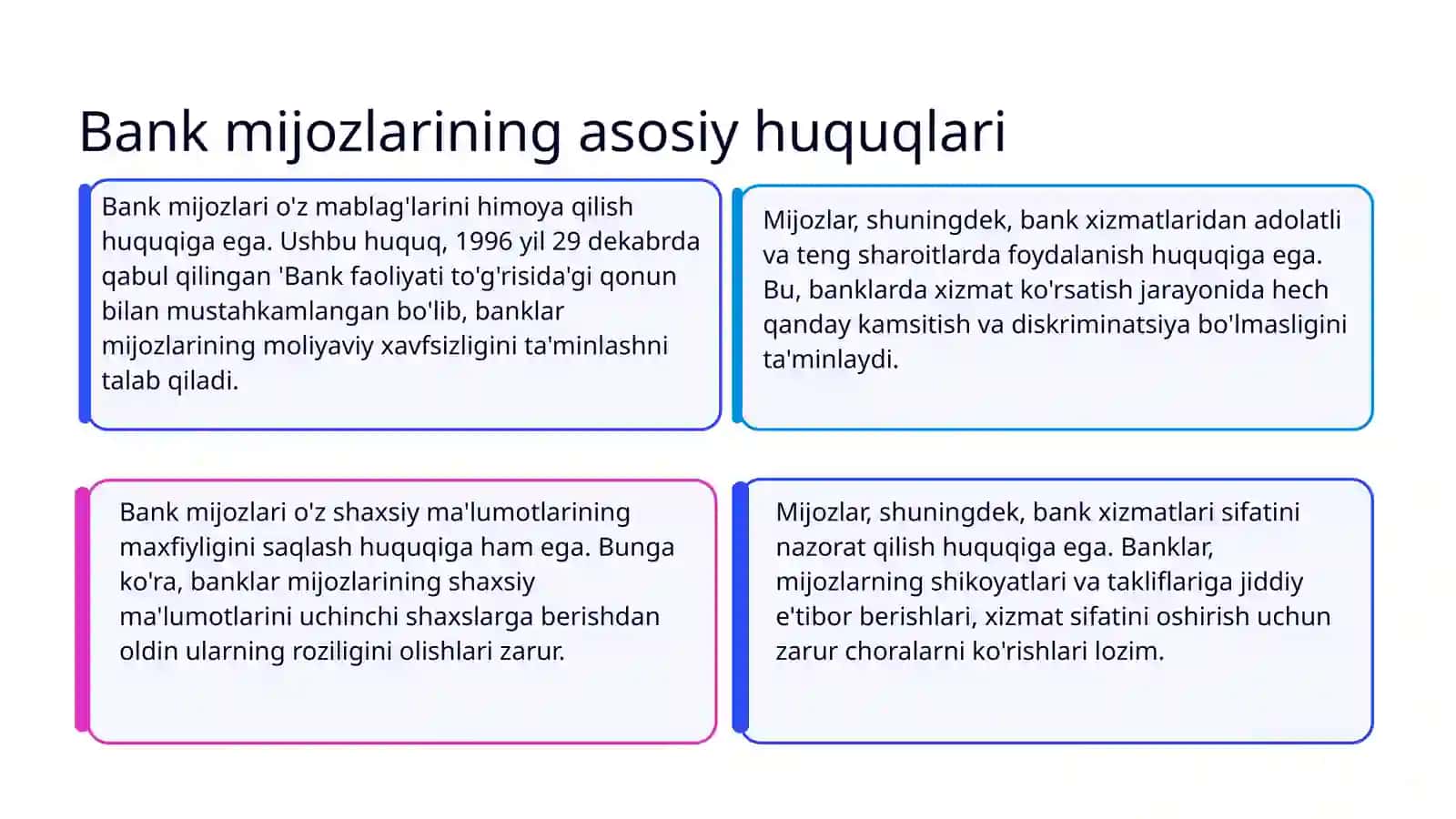 Bank mijozlarining manfaatlarini himoya qilish sohasidagi huquq va majburiyatlar 3