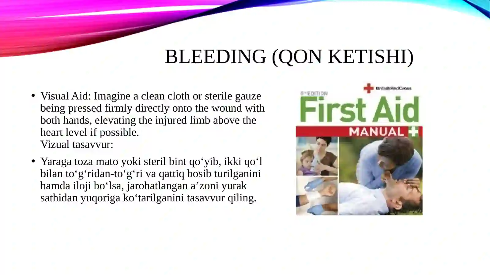 A first aid manual. Describe and provide visual aids. 3