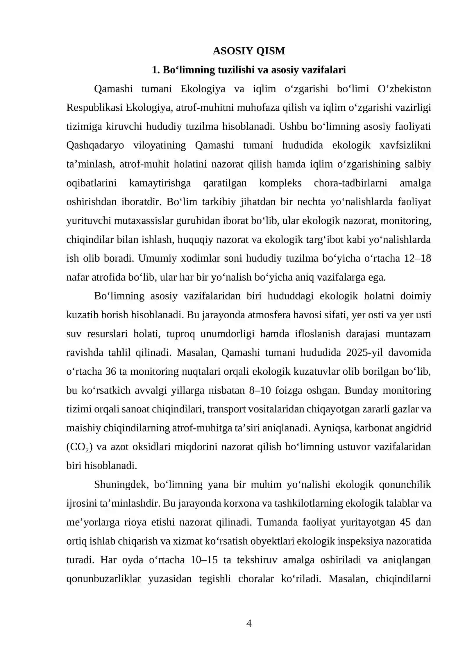Qamashi tumani Ekologiya va iqlim oʻzgarishi boʻlimi amaliyot hisoboti 3