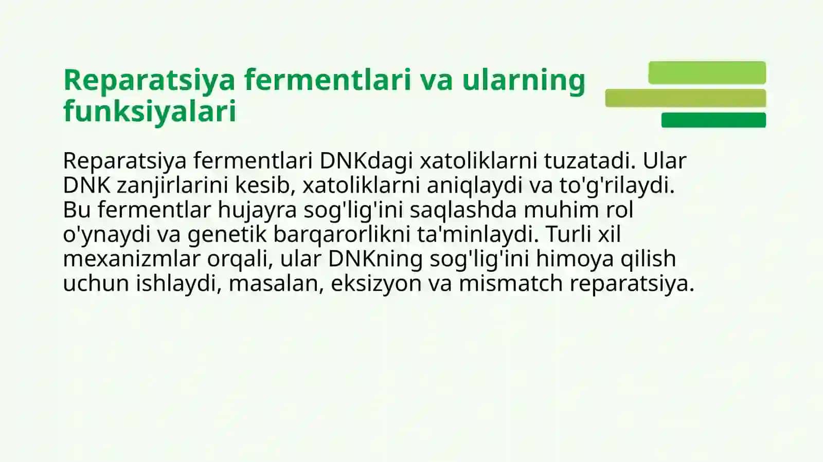 Reparatsiya fermentlari faoliyatining xilma-xilligi. Noallel oʻzlashtirish, genlarning  oʻzaro ta'siri. Pleyotropiya. 3