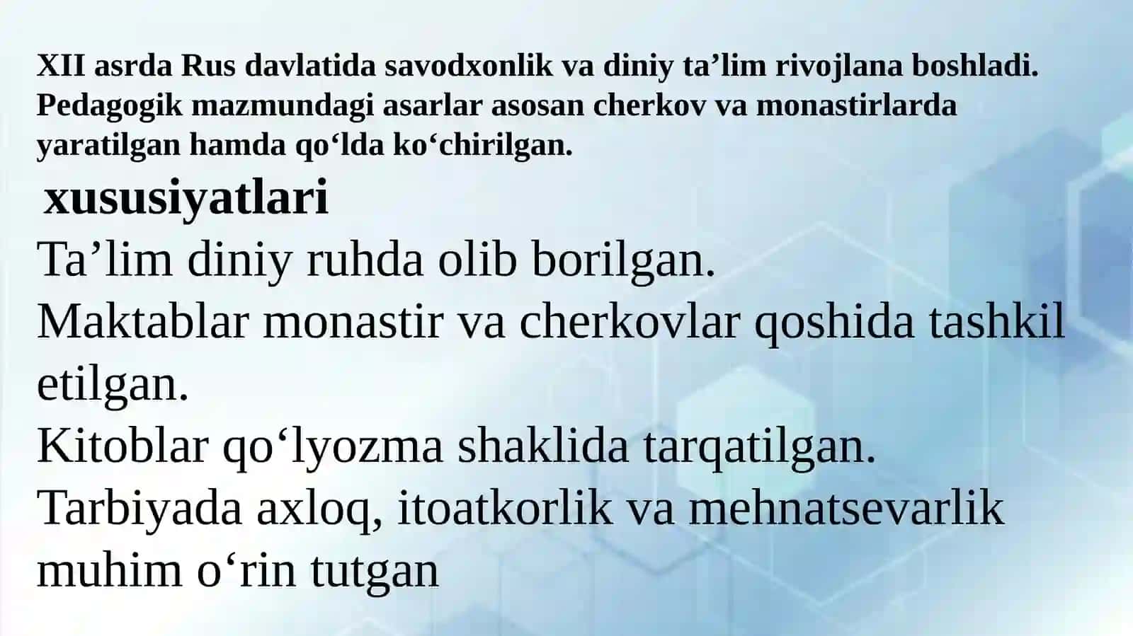 Qadimgi Sharq, Qadimgi Yunoniston, Qadimgi Rim davlatlarida maktab va tarbiya. Qadimgi Yunoniston faylasuflari tarbiya to‘g‘risida. XII asrda Rossiyada pedagogik adabiyotlarning nashr etilishi. Rus pedagog-olimlarining pedagogik g‘oyalari. G‘arbiy Yevropada maktab va pedagogik fikrlar. Iogann Genrix Pestalotsiyning didaktika va boshlang‘ich ta‘lim metodikasiga qo‘shgan hissasi. Adolf Distervergning rivojlantiruvchi ta‘lim nazariyasi. Ya.A.Komenskiyning pedagogik nazariyasi. 3