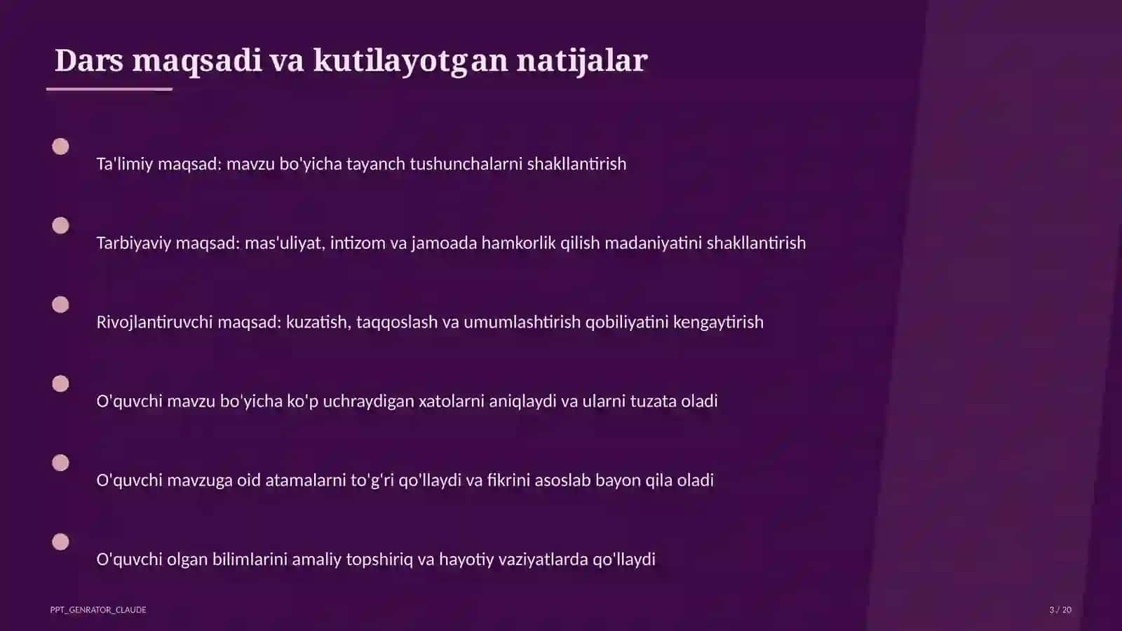 Dars tahlili: kuzatuv va baholash mezonlari 3