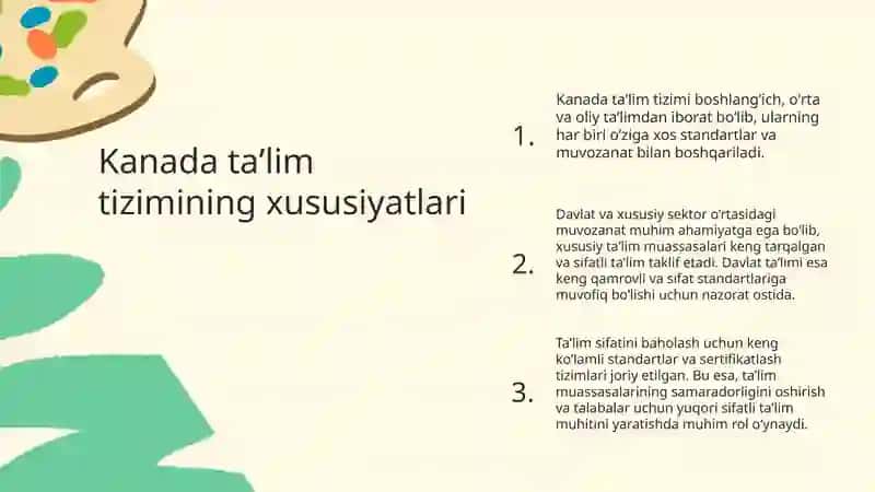 Yevropa mamlakatlarida taʼlim tizimi massalarining olib borilishi va kamparafistik tahlil (KANADA,BRITANIYA,SHVETSIYA,FILANDIYA ) misolida. 3