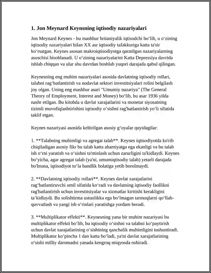 REFERAT Mavzu: JON MEYNARD KEYNS TA'LIMOTI, VA NEOKEYNSCHILIK NAZARIYALARI 3