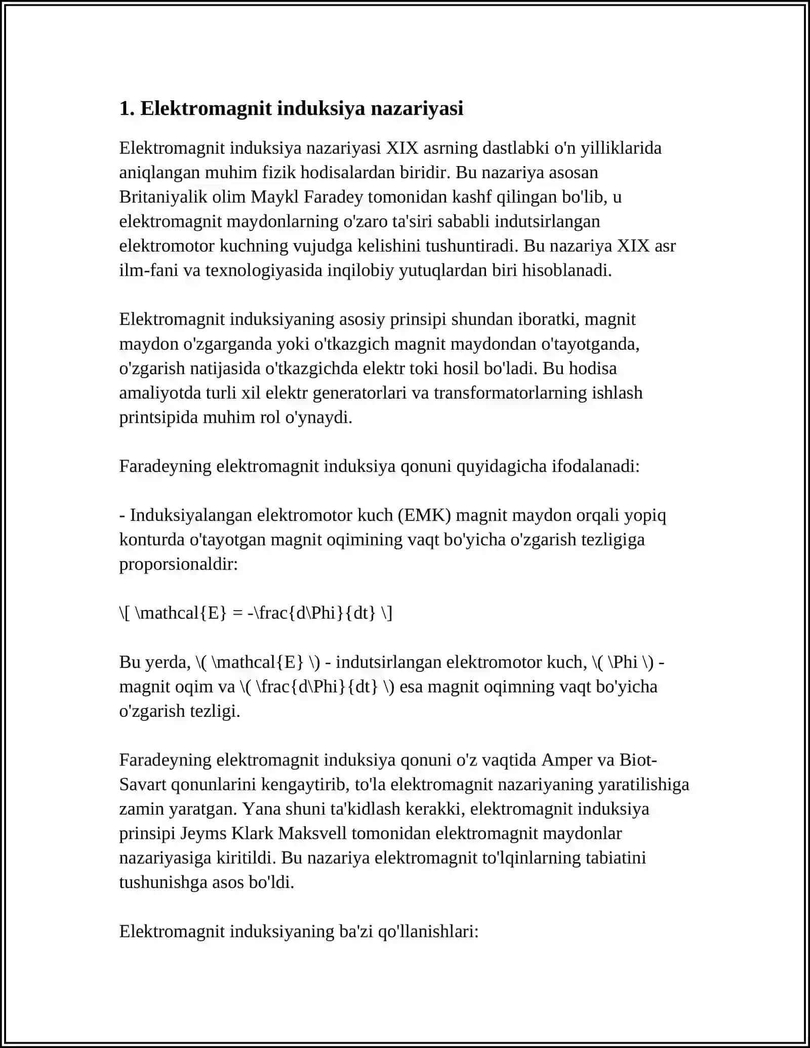 FIZIKA FANIDAN, ELEKTR BILIMI, ELEKTROMAGNIT INDUKSIYA 3