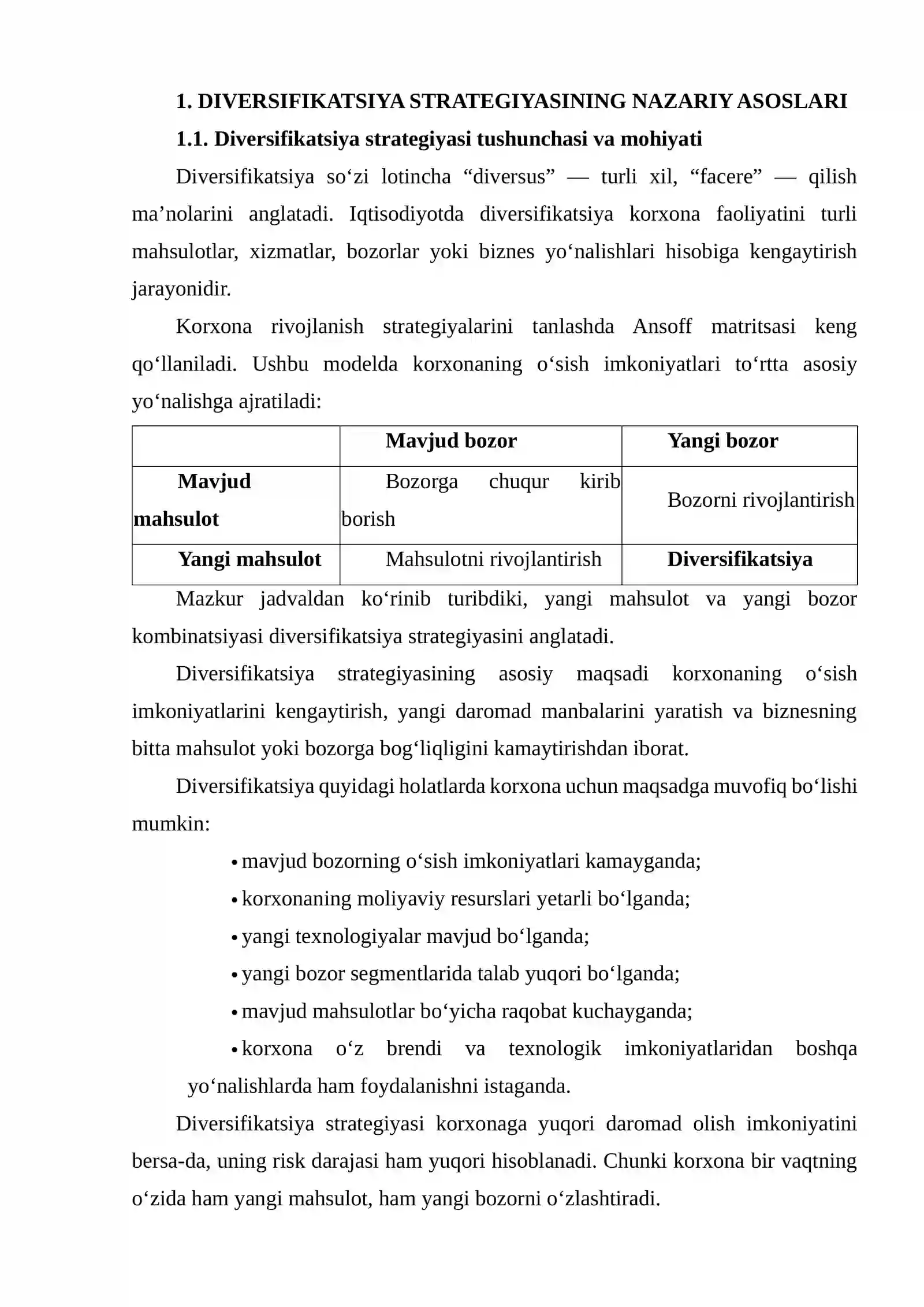 YANGI MAHSULOT – YANGI BOZOR STRATEGIYASINI TANLASH: DIVERSIFIKATSIYA STRATEGIYASINING REAL KORXONA MISOLIDA TAHLILI 3
