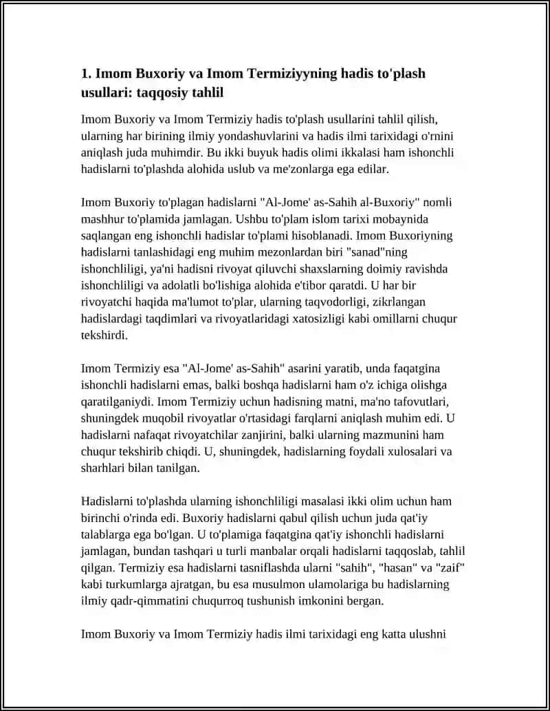 IMOM BUXORIY VA IMOM TERMIZIYNING HADIS ILMIGA QO'SHGAN HISSALARINI QIYOSIY TAHLILI 3