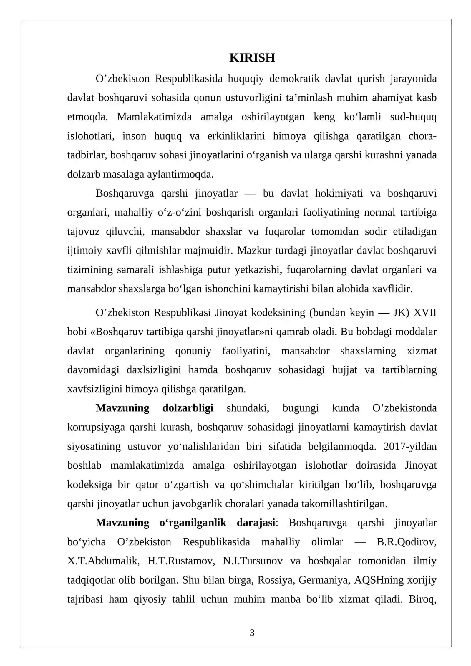 O'ZBEKISTON QONUNCHILIGIDA BOSHQARUVGA QARSHI JINOYATLAR kurs ishi. 3