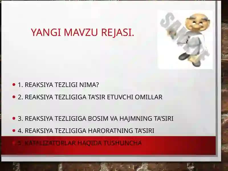 KIMYOVIY REAKSIYA TEZLIGI VA UNGA TA’SIR ETUVCHI OMILLAR 3