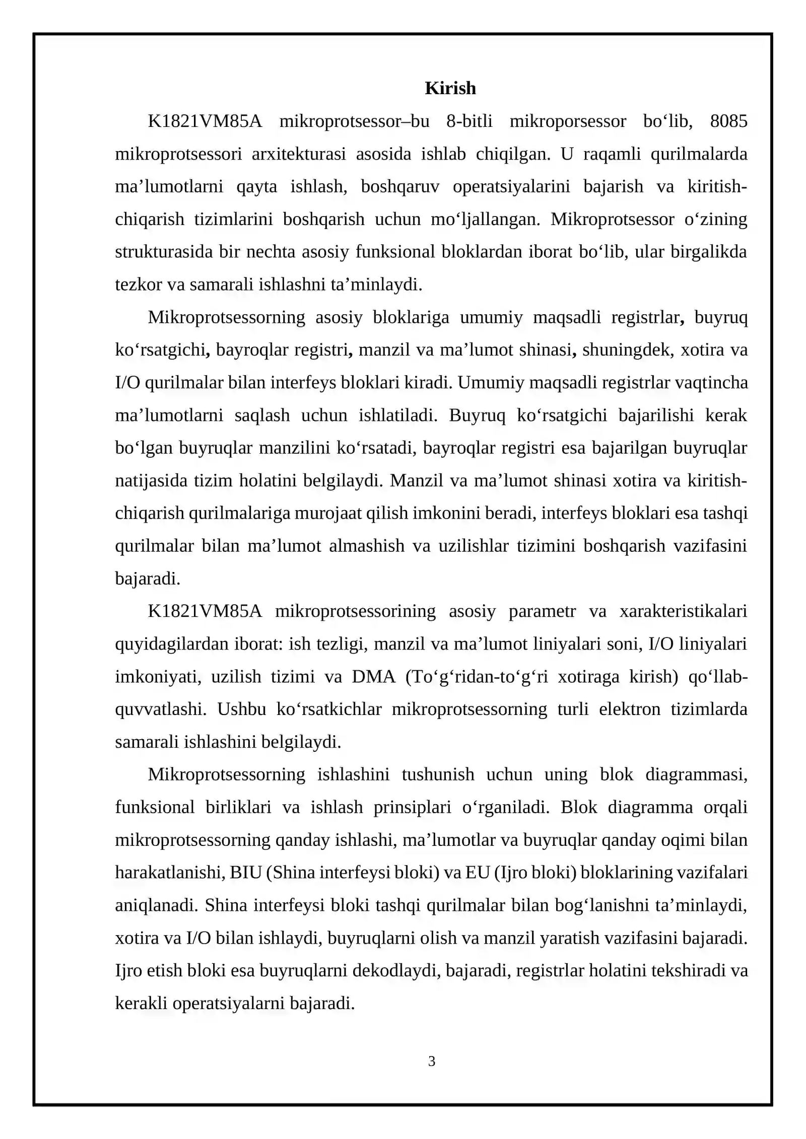 K1821VM85A rusumli mikroprotsessorning strukturaviy tuzilmasi, uning asosiy parametrlari va xarakteristikalari 3