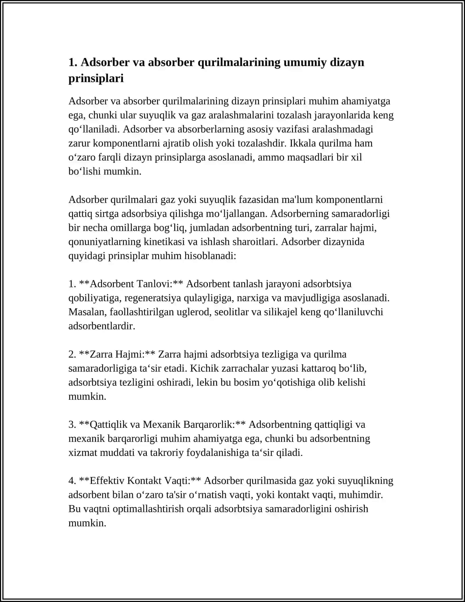 SUYUQLIK VA GAZ ARALASHMALARINI TOZALASH UCHUN ADSORBER VA ABSORBER QURILMASINI HISOBLASH VA LOYIHALASH 3