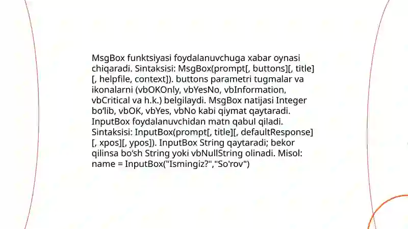 Visual basicda standart funksiyalar,shartli oʻtish operatorlari, sikl operatorlari va massivlar 3