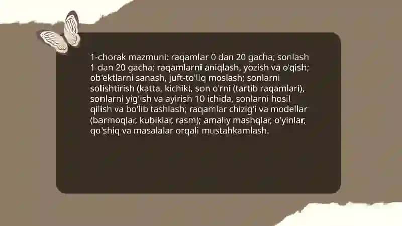 Birinchi sinf matematika darsligi topshiriqlarini o'rganish 1-sinf matematika dasturining choraklar bo'yicha mazmuni 3