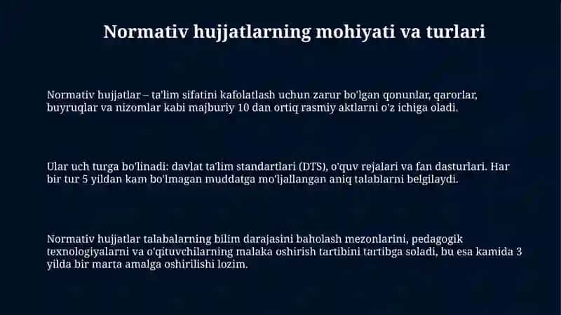 Normativ hujjatlarning roli va turlari: Oliy ta'limda ixtisoslik fanlarini o'qitish metodologiyasi 3