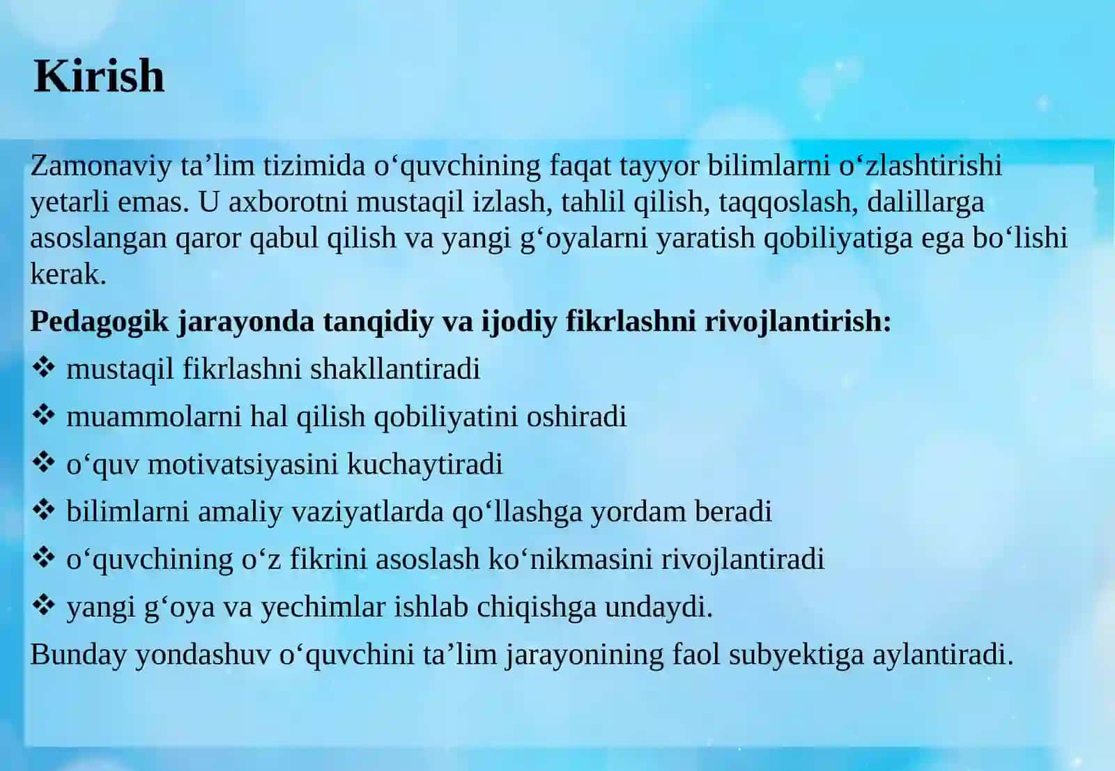 PEDAGOGIK JARAYONDA TANQIDIY VA IJODIY FIKRLASHNI RIVOJLANTIRISH 3