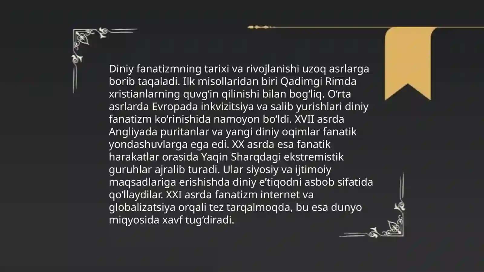 Diniy fanatizm, ekstremizm, fundamentalizm, terrorizmning tarixi va ularning hozirgi davrda xavfsizlikga tahdidi 3