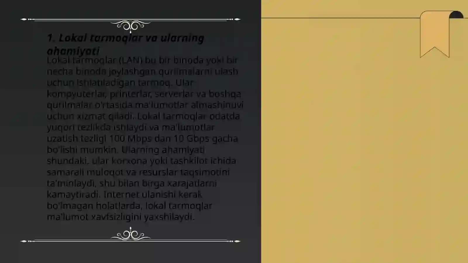 Lokal tarmoq va uni tashkil etish mavzusiga taqdimot tayyorlab ber 3