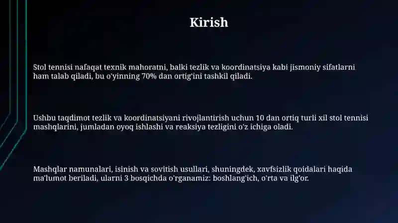 Stol tennisi boʻyicha jismoni sifatlar tezkorlik va koordinatsiyani rivojlantirivchi mashqlar 3