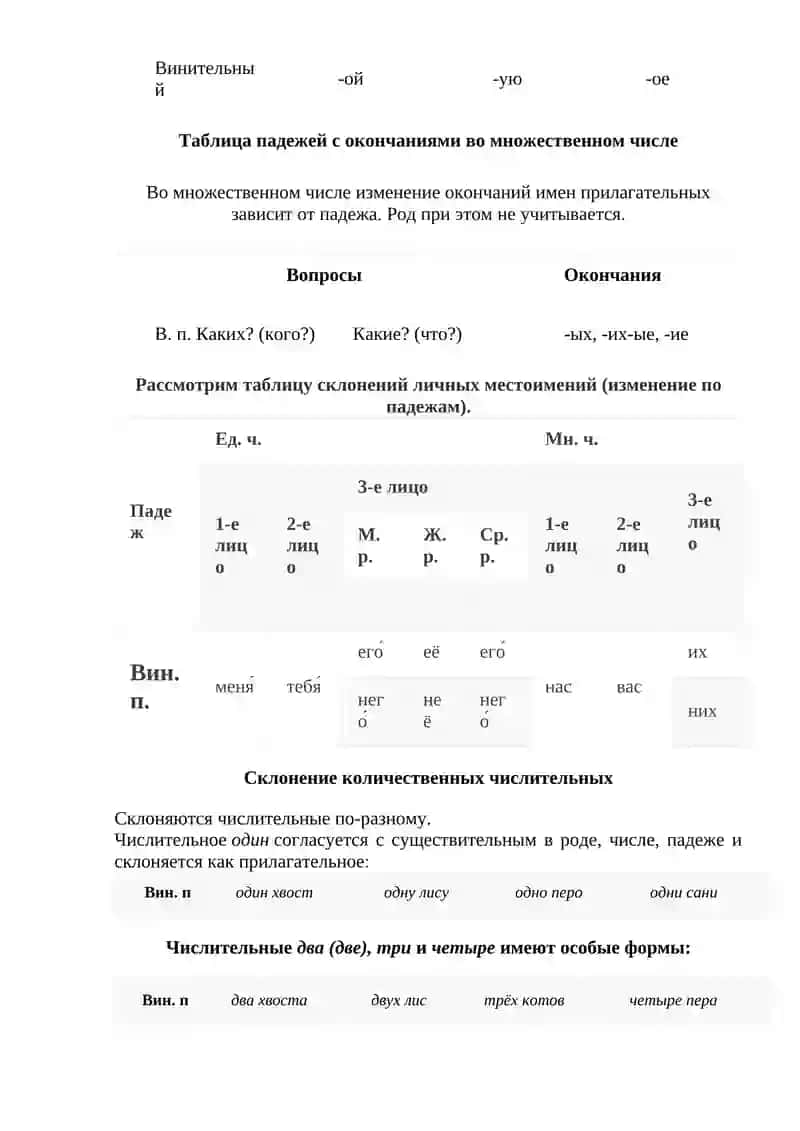 Винительный падеж. Формы В.п. существительных в ед.ч. и мн.ч.;  личных, указательных, притяжательных 3
