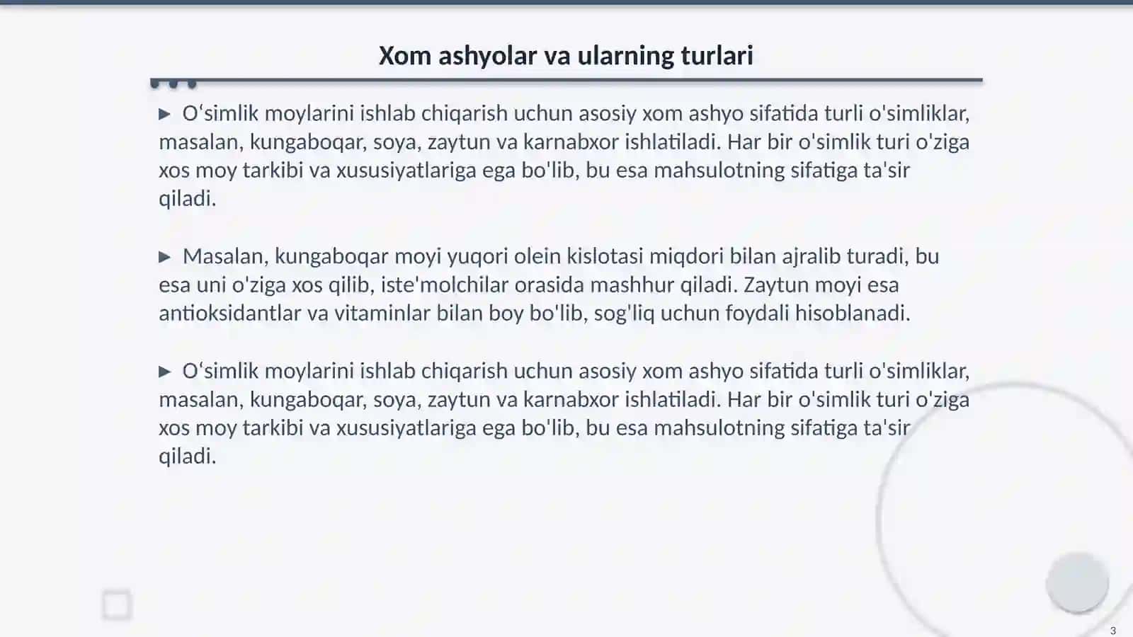 Oʻsimlik moylari ishlab chiqarish texnologik sxemasi bosqichlari 3