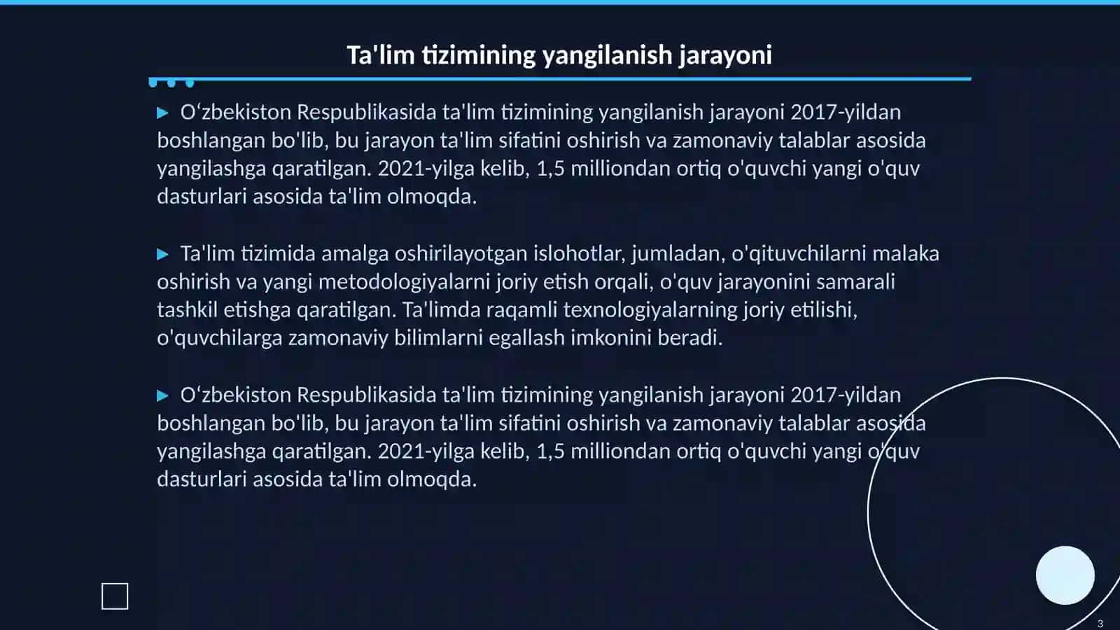 Oʻzbekiston Respublikasida ta'lim sohasida amalga oshirilgn islohotlar 3