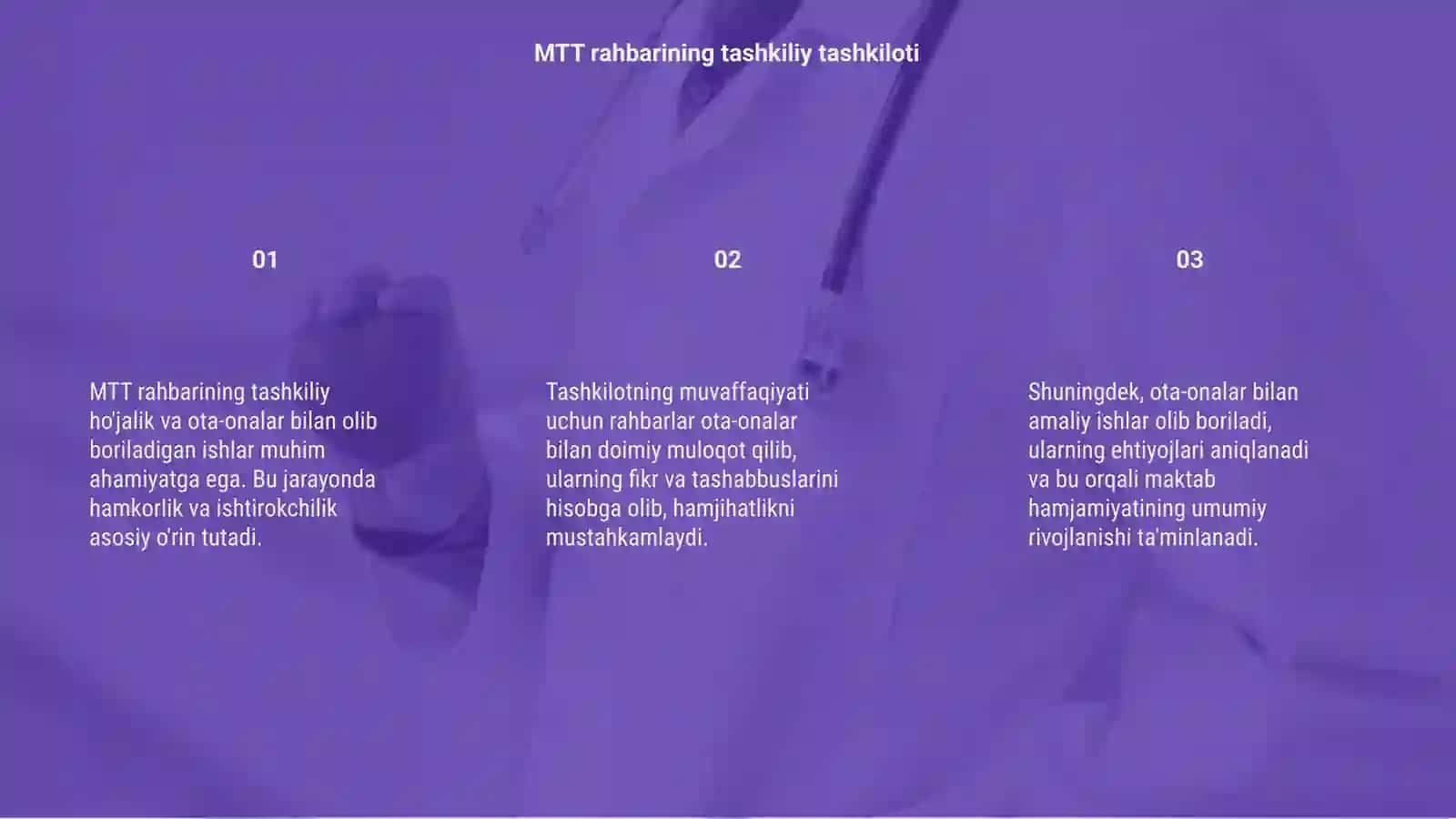 MTT rahbarining tashkiliy ho'jalik va ota onalar bilan olib boriladigan ishlar 3