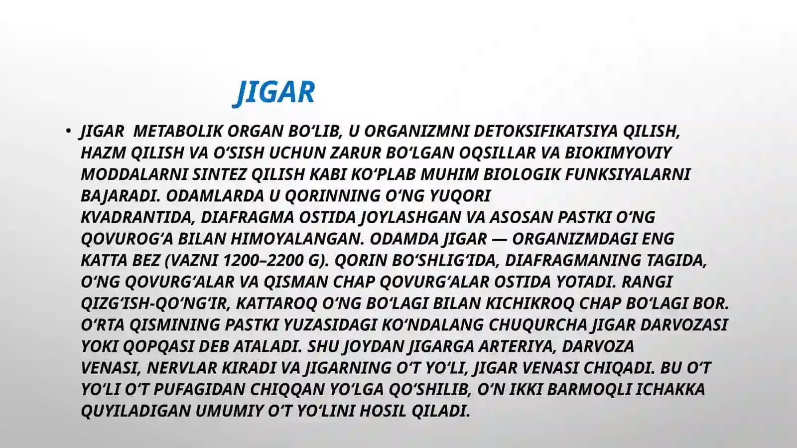 Jigar va o‘t qopining anatomo-fiziologik xususiyatlari. Jigar bo‘lakchalarining tuzilishi. Normada va patologiyada duodenal suyuqlikning 3 porsiyasi 3
