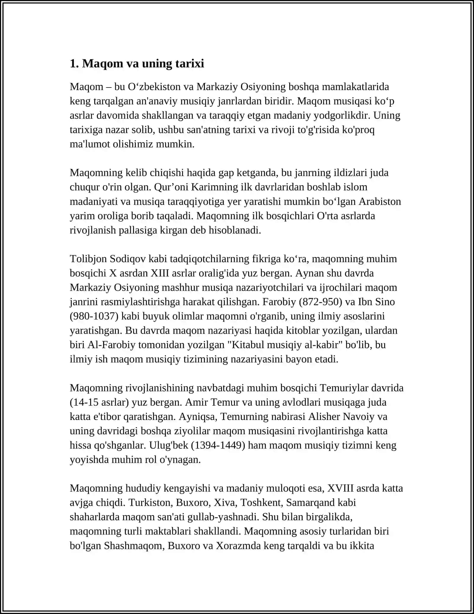 REFERAT Mavzu: MAQOM ASOSLARI. BASTAKORLIK IJODIYOTI ASOSLARI 3