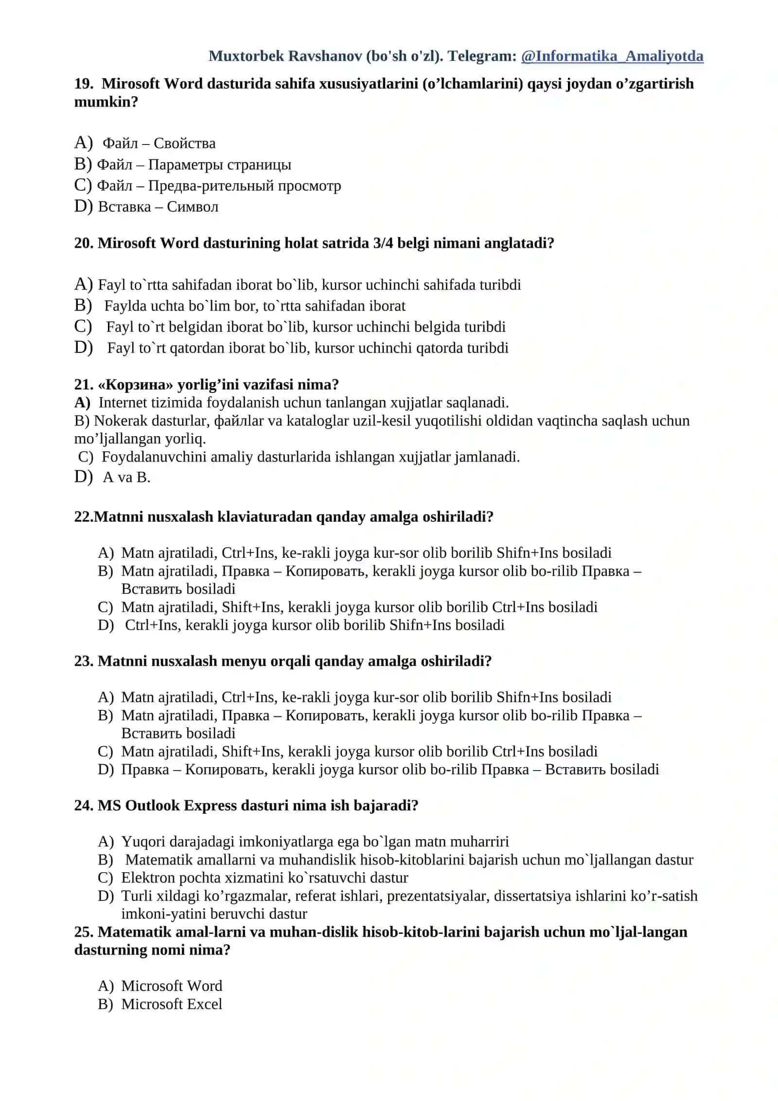 Muxtorbek Ravshanov (bo'sh o'zl). Telegram: @Informatika_Amaliyotda 3
