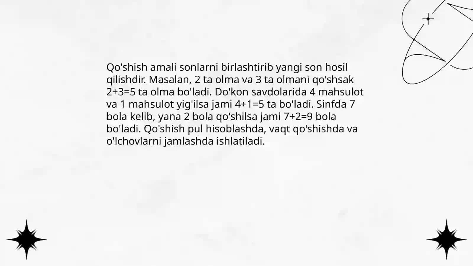 Qo'shish va ayirish, ko'paytirish va bo'lish amali ma'nosini ochib berish hamda uni bosqichlab konsentrlarda bajarilishini o'rgatish 3