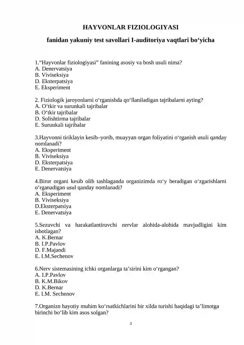 Yakuniy test savollari - Hayvonlar fiziologiyasi 3