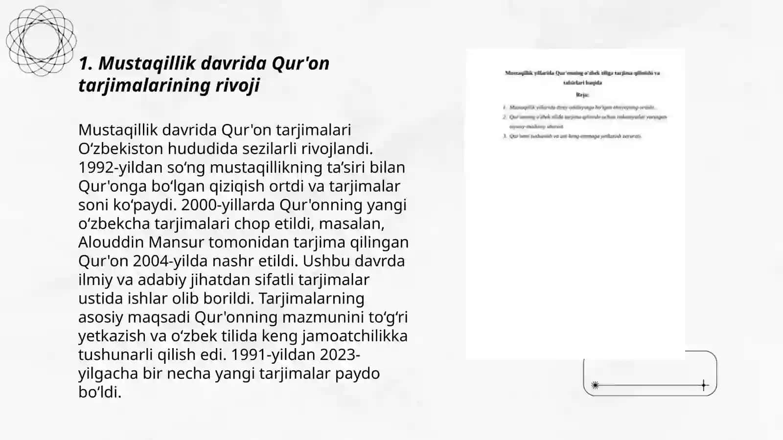 Mustaqillik yillarida Qur'onning o'zbek tiliga tarjima qilinishi va tafsirlari haqida taqdimot tayyorlash 3