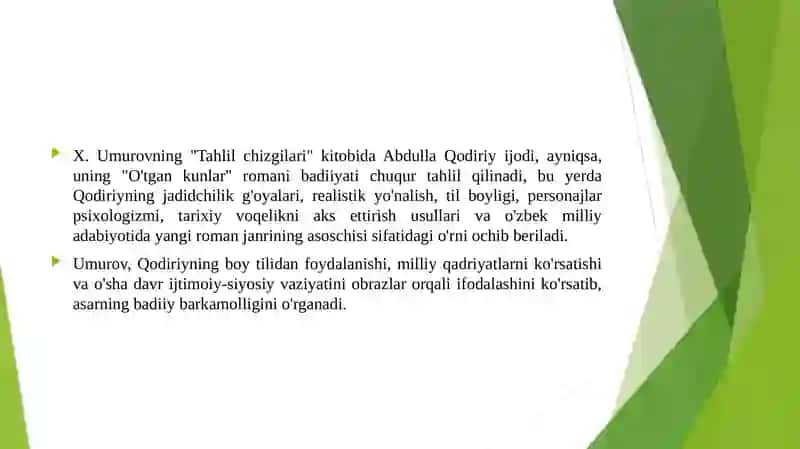 X.Umurov. "Tahlil chizgilari" kitobidan " Abdulla Qodiriy ijodi va " O'tgan kunlar" badiiyati" ining yoritilishi. 3