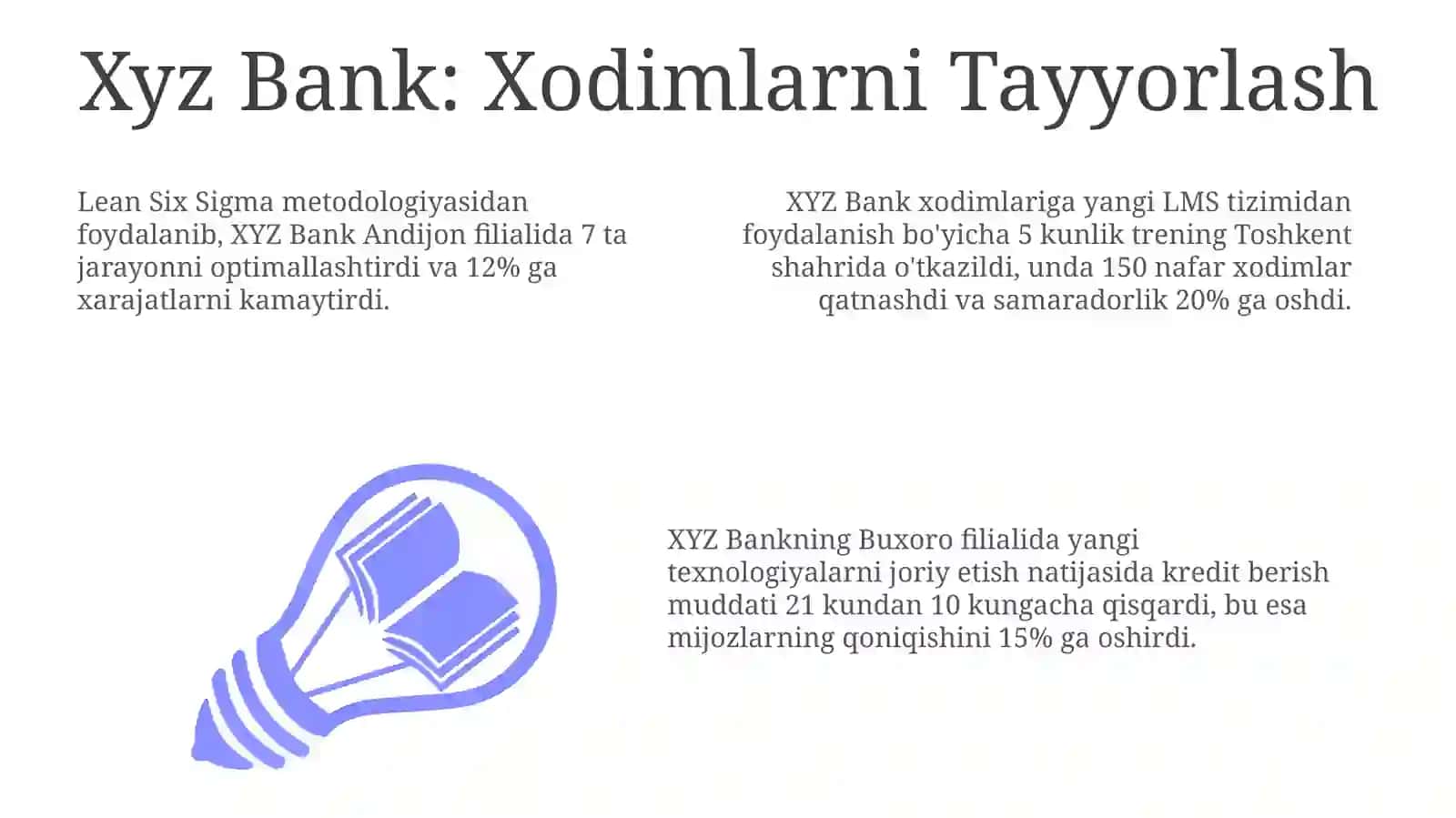 Bank faoliyati samaradorligini oshirish mavzusiga case study tuzib ber 3