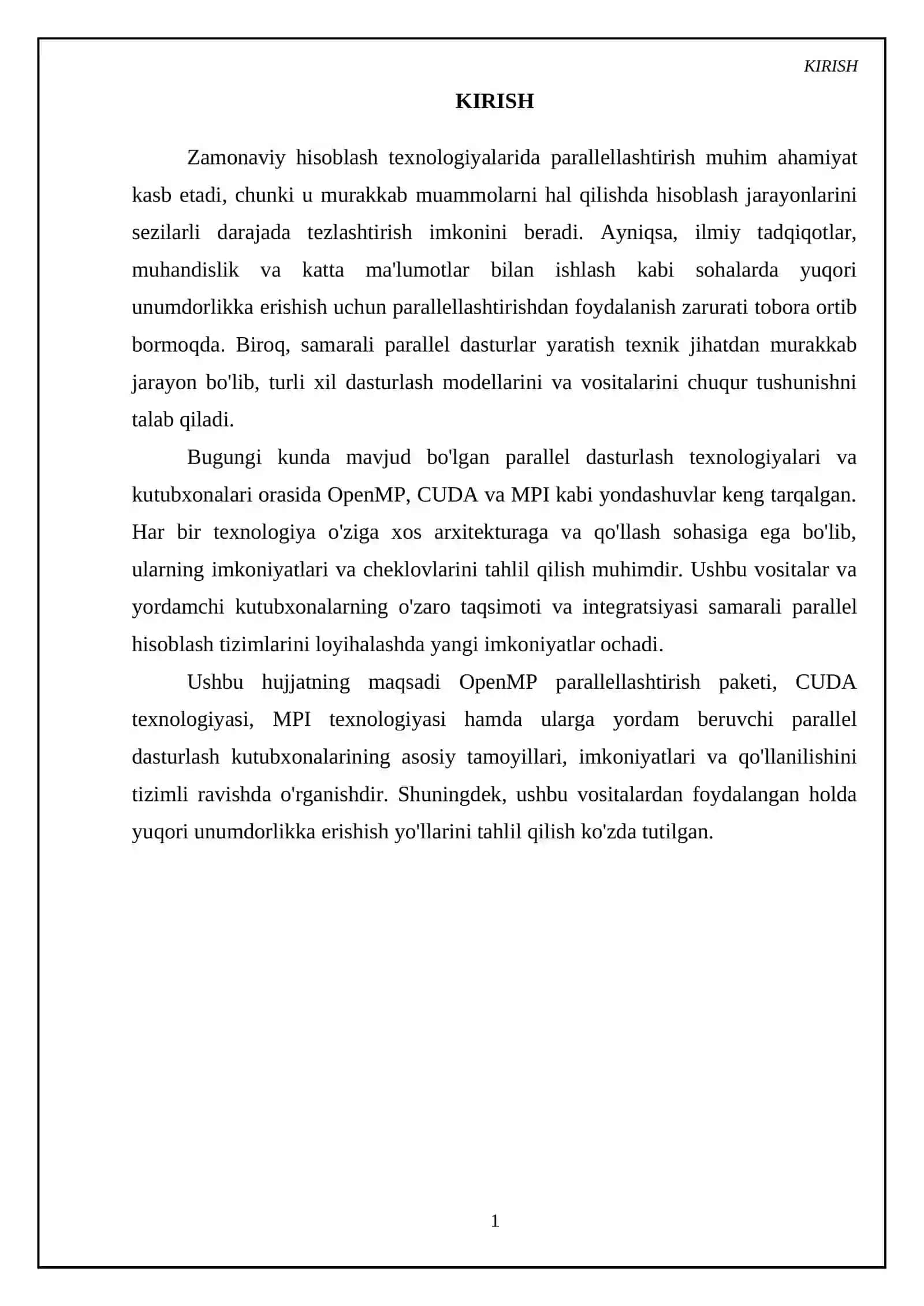 OpenMP paralellashtirish paketi, CUDA texnologiyasi, MPI texnologiyasi, yordamchi parallellashtirish kutubxonalari 3