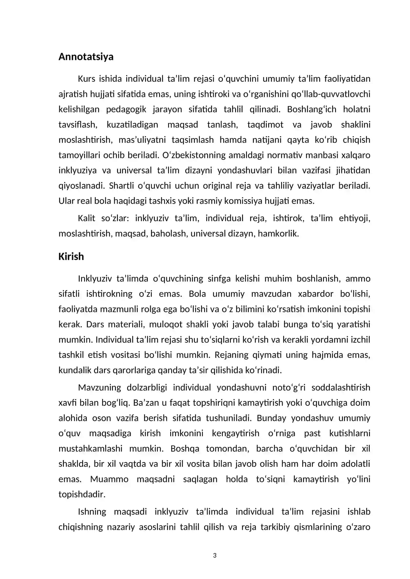 Inklyuziv ta’limda individual ta’lim rejasini ishlab chiqishning pedagogik asoslari — kurs ishi namunasi 3