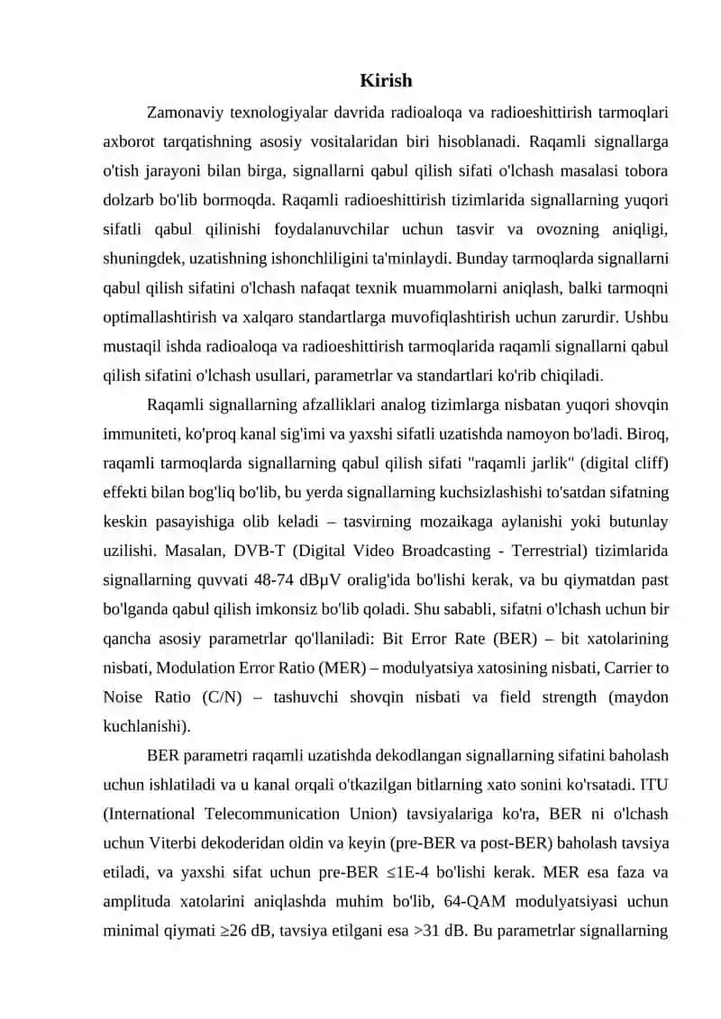Radioaloqa va radioeshittirish tarmoqlarida raqamli signallarni qabul qilish sifatini o‘lchash 3