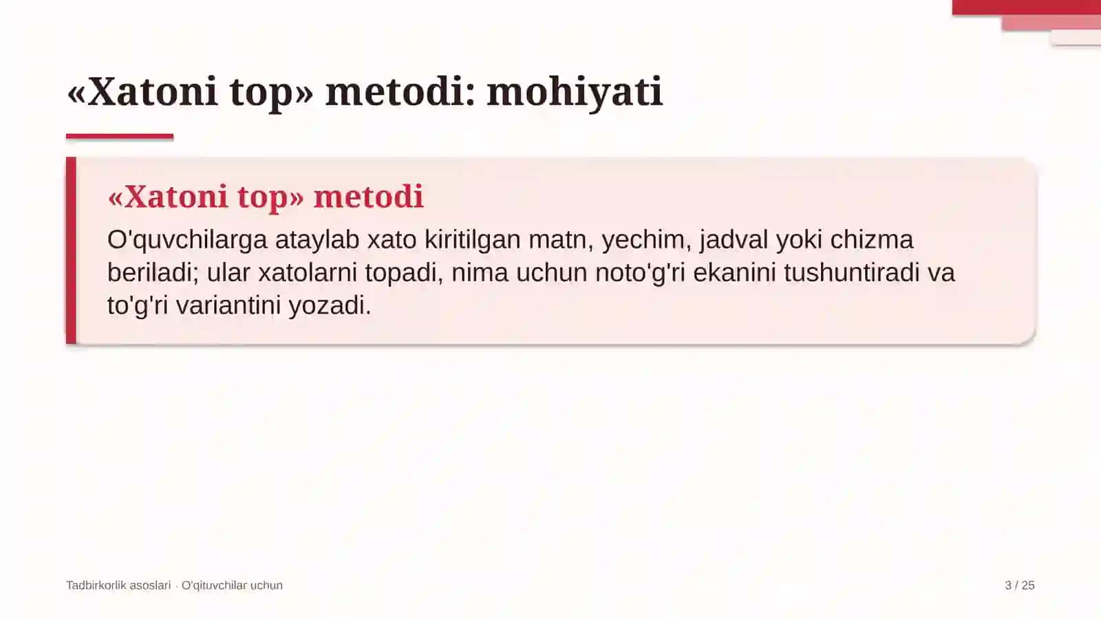 tadbirkorlik asoslari darslarida xatoni top metodidan foydalanish 3021 3