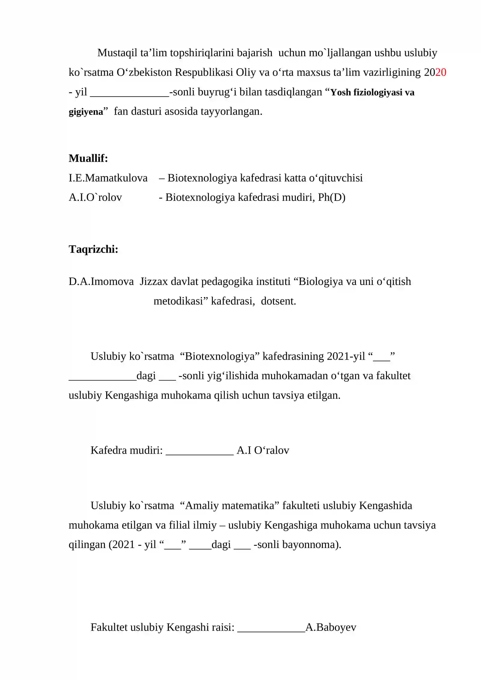 Yosh fiziologiyasi va gigiyena fanidan mustaqil ishlar uchun Uslubiy ko’rsatma 3