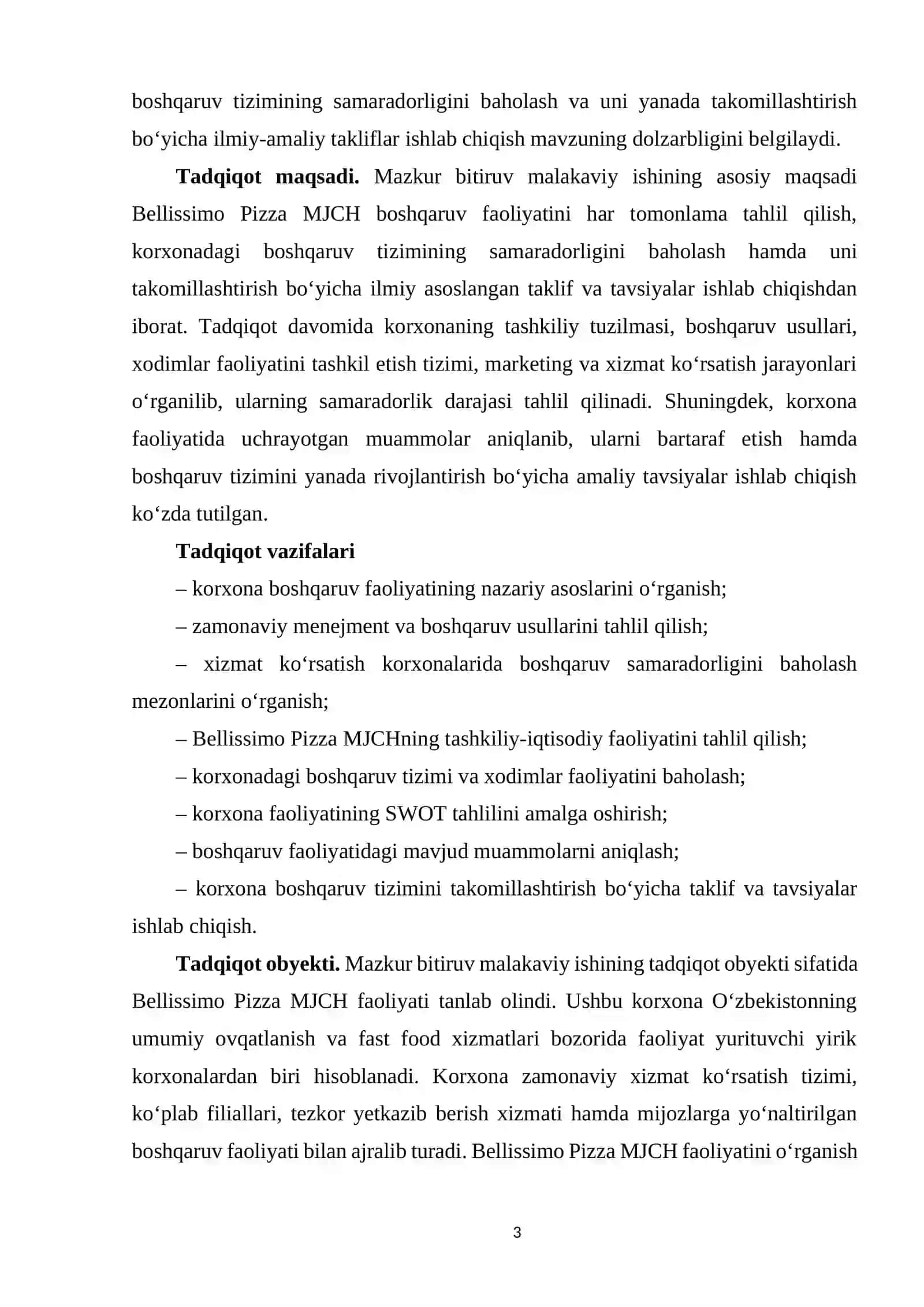 Bellissimo Pizza MJCh boshqaruv faoliyatini tahlil qilish 3