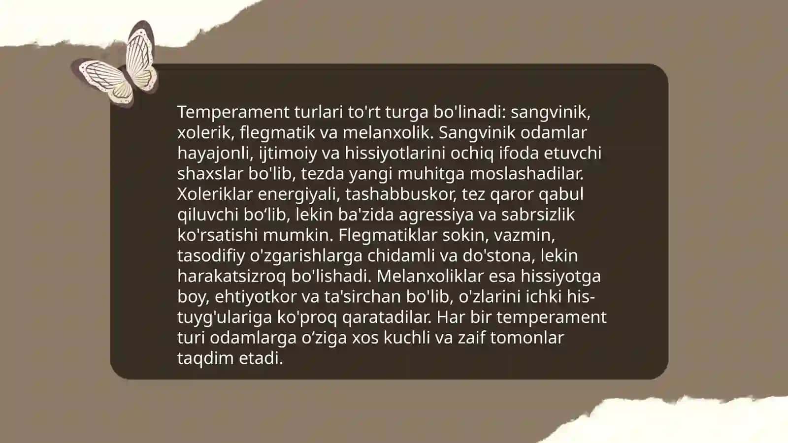 Shaxsning individual xususiyatlari. Temperament. Xarakter. Qobiliyatlar va ularning diagnostikasi doir metodikalar tahlili va metodikani oʻquvchilarda oʻtkazish 3