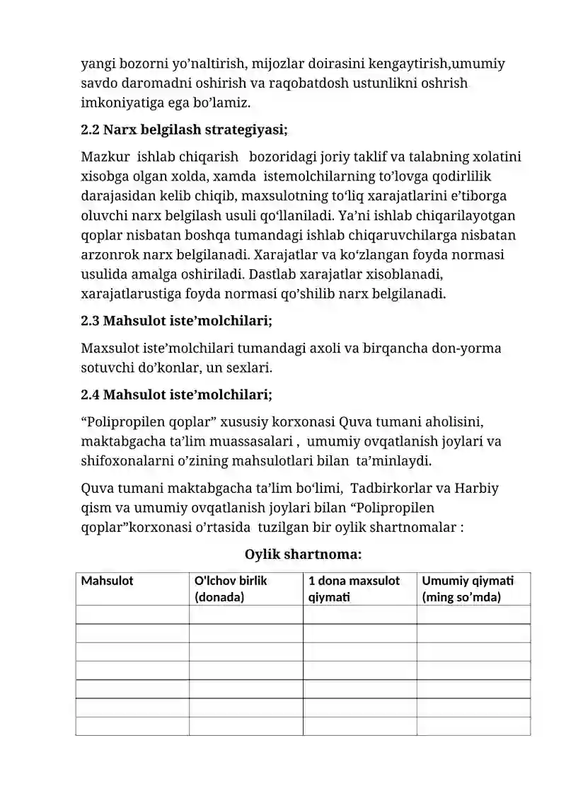 Polipropilen qoplar ishlab chiqarish faoliyatini yo‘lga qo‘yish bo‘yicha Biznes Rejasi 3
